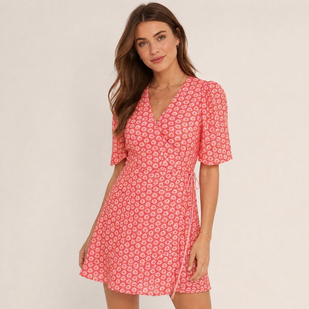Alice + Olivia Sandra Wrap Dress Pink Orange Floral Mini Flutter Sleeve 4